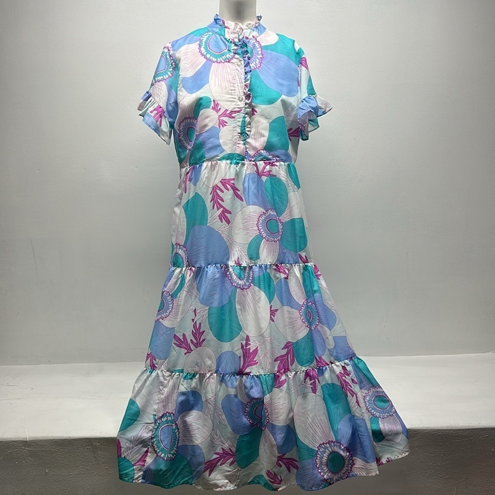 J Marie Mia Rae Dress Short Sleeve Ruffle Maxi Long Floral Blue Pink Size Small